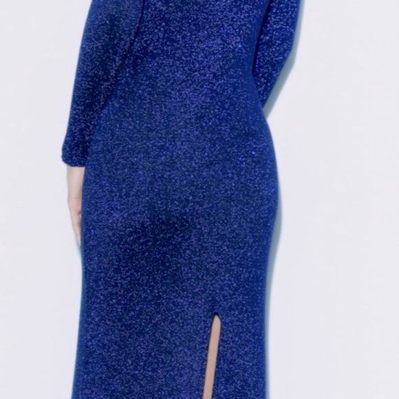 Zara High Neck Blue Metallic Knit Midi Dress - Picture 3 of 9